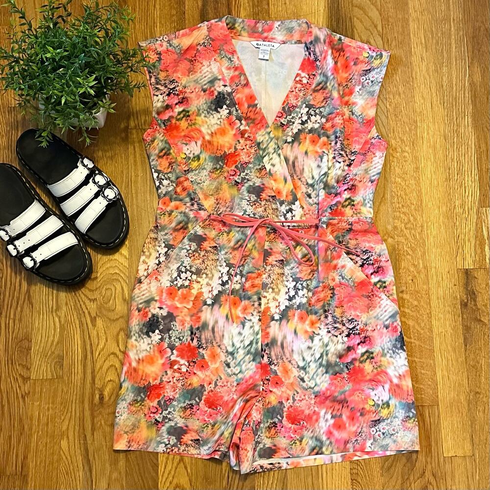 Athleta Marlow Romper Sleeveless Shorts Pink Floral Pockets Women’s Size Small